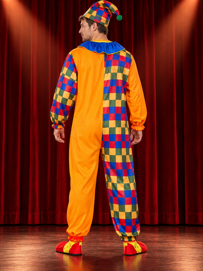 Bright Adult Clown Costume with Ruffle Collar and Hat