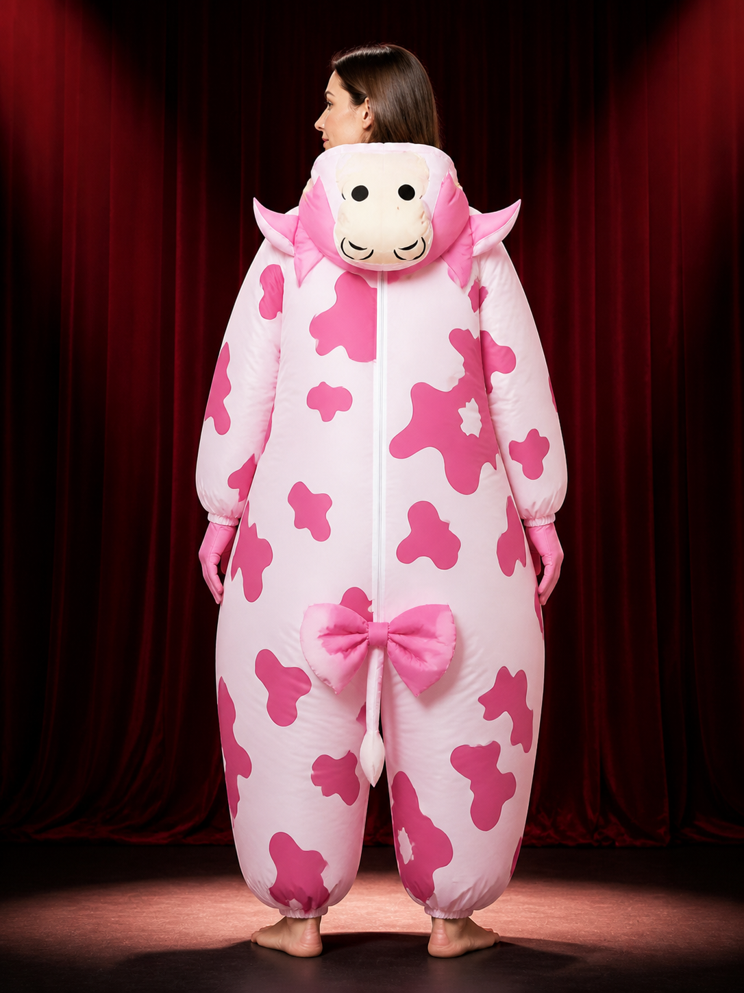 Pink and White Cow Hooded Onesie Costume with Horns and Ears, Halloween Animal back view