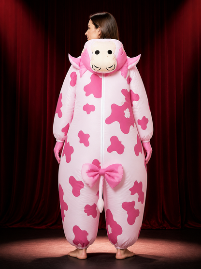 Pink and White Cow Hooded Onesie Costume with Horns and Ears, Halloween Animal back view