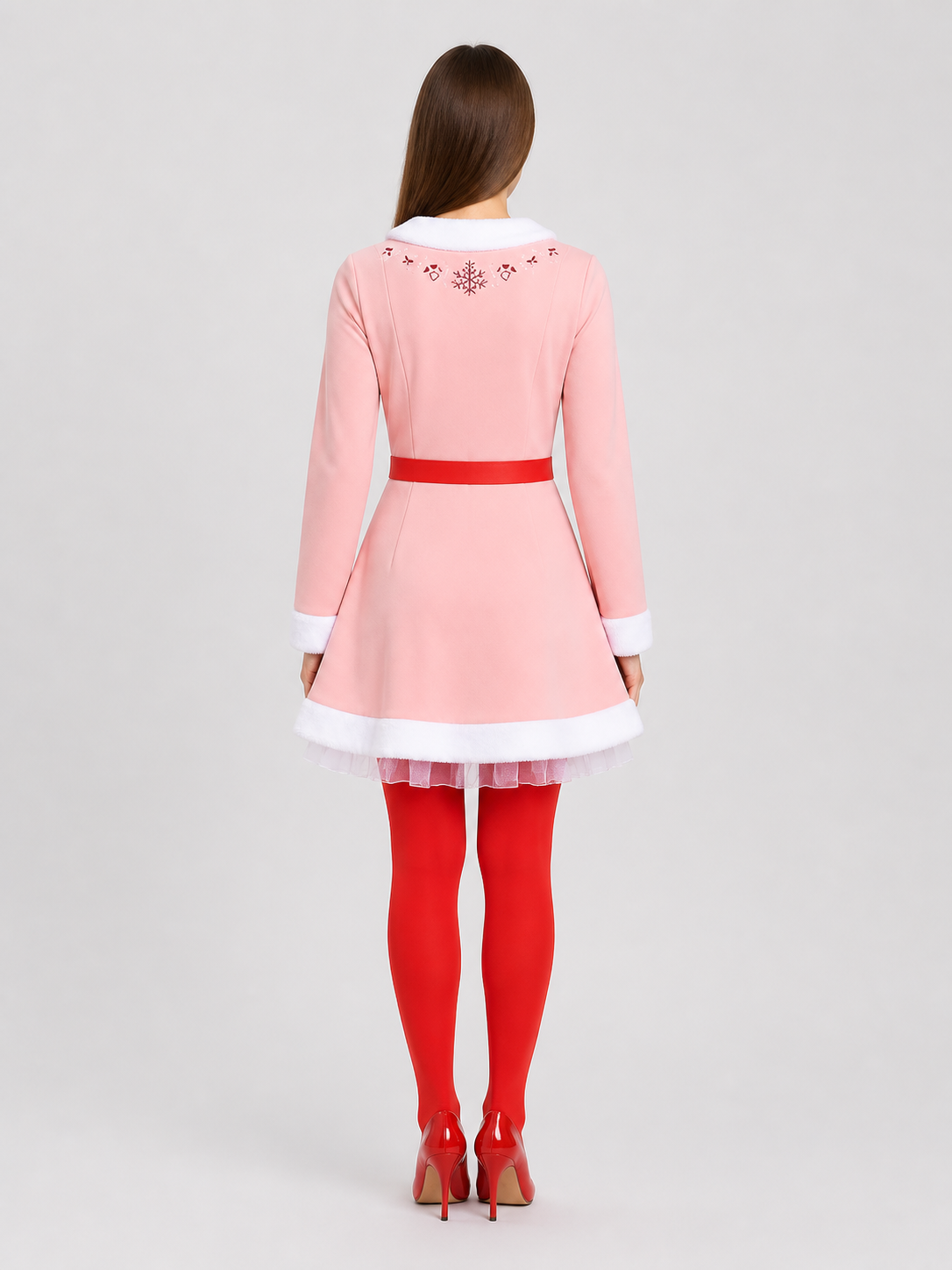 Christmas Elf Costume: Pink Dress with White Trim back view