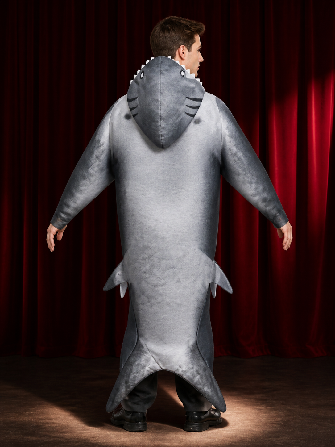Unisex Inflatable Shark Jumpsuit Costume, Gray Full-Body Halloween Outfit back view