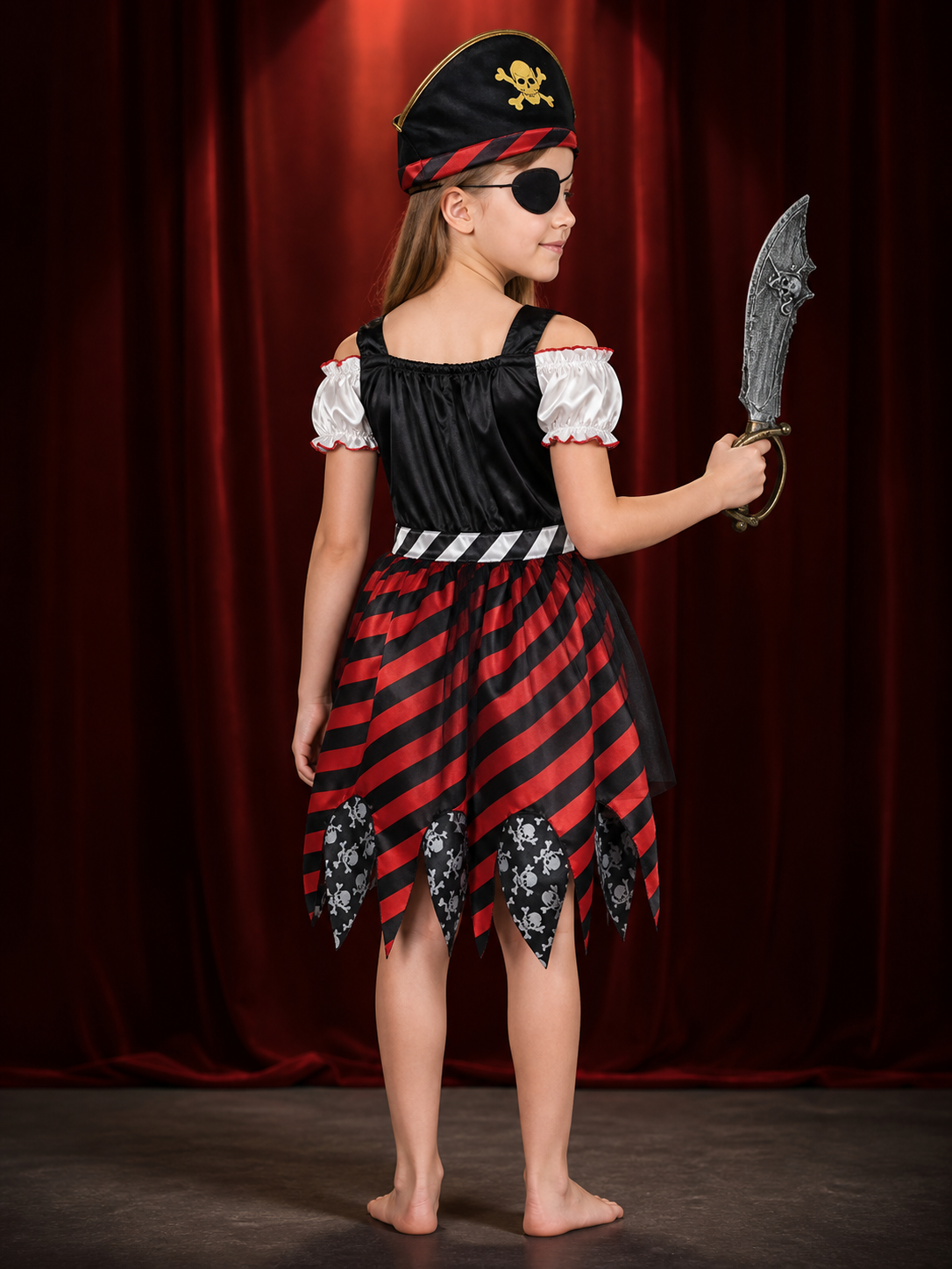Kids Pirate Costume Dress Set with Hat, Sword & Eye Patch, Red Black Striped back view