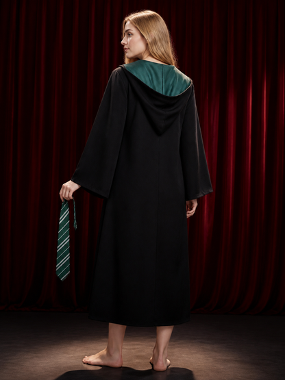Men Women Kids Black Hooded Wizard Robe Costume Set With Dark Green & White back view