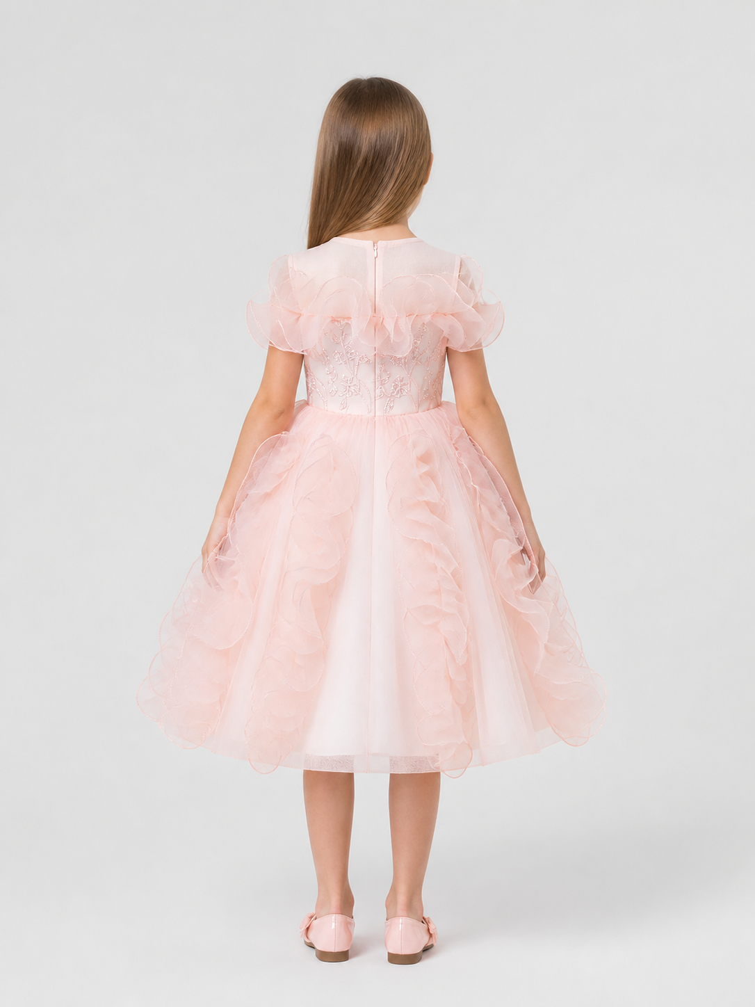 Dressy Princess Dress with Full Skirt and Flowers back view