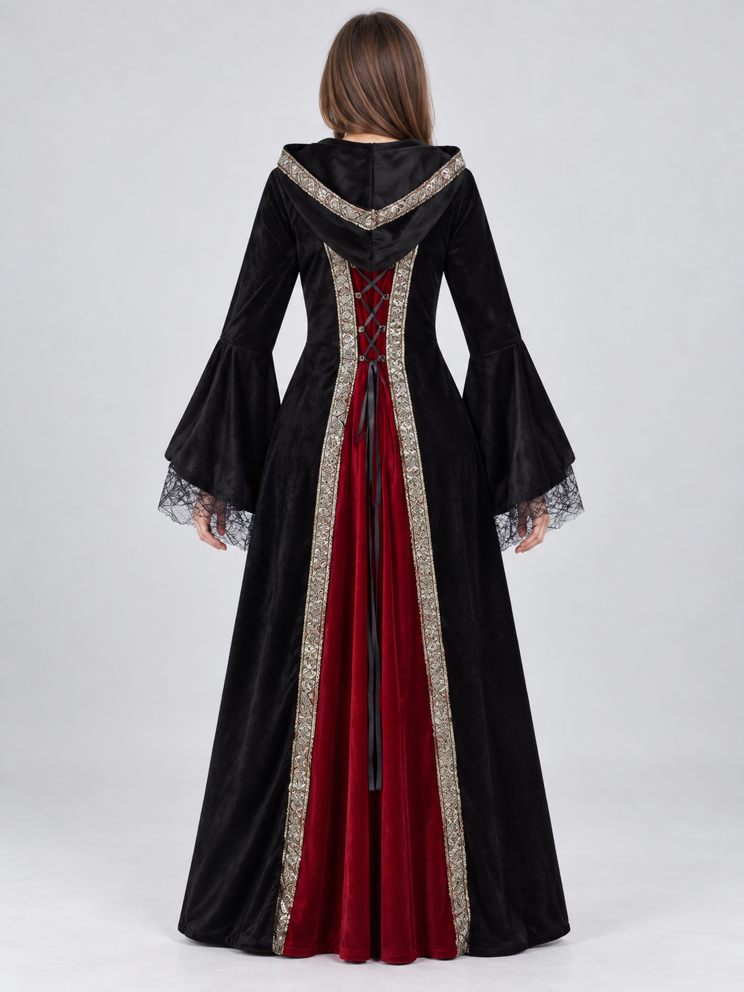 Witch Costume Dress with Hood and Lace Cuffs