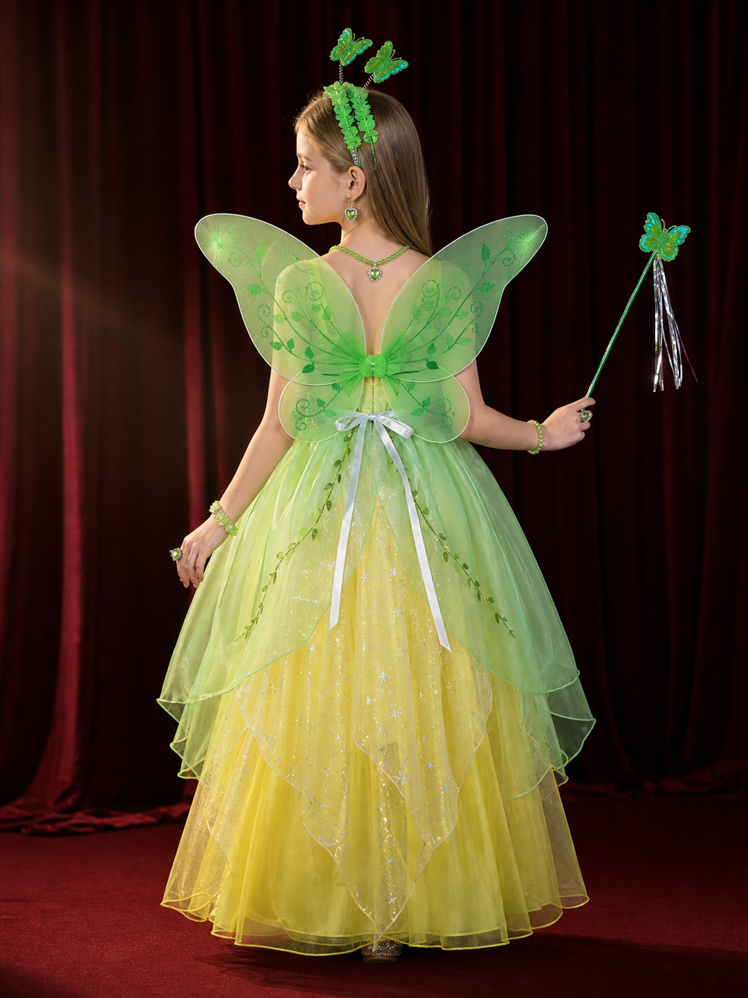 Girls Green Fairy Princess Costume Set with Tulle Dress, Butterfly Wings, Magic
