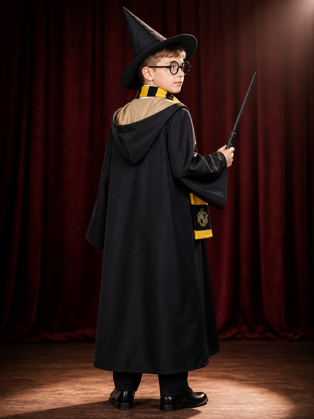 Children's Wizard Costume Set, Hooded Robe with Badge, Scarf, Tie, Hat, Glasses back view