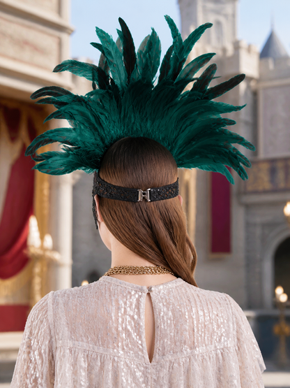 1pc Green Feather Headpiece With Black Lace Eye Mask, Exaggerated Party Style back view 3