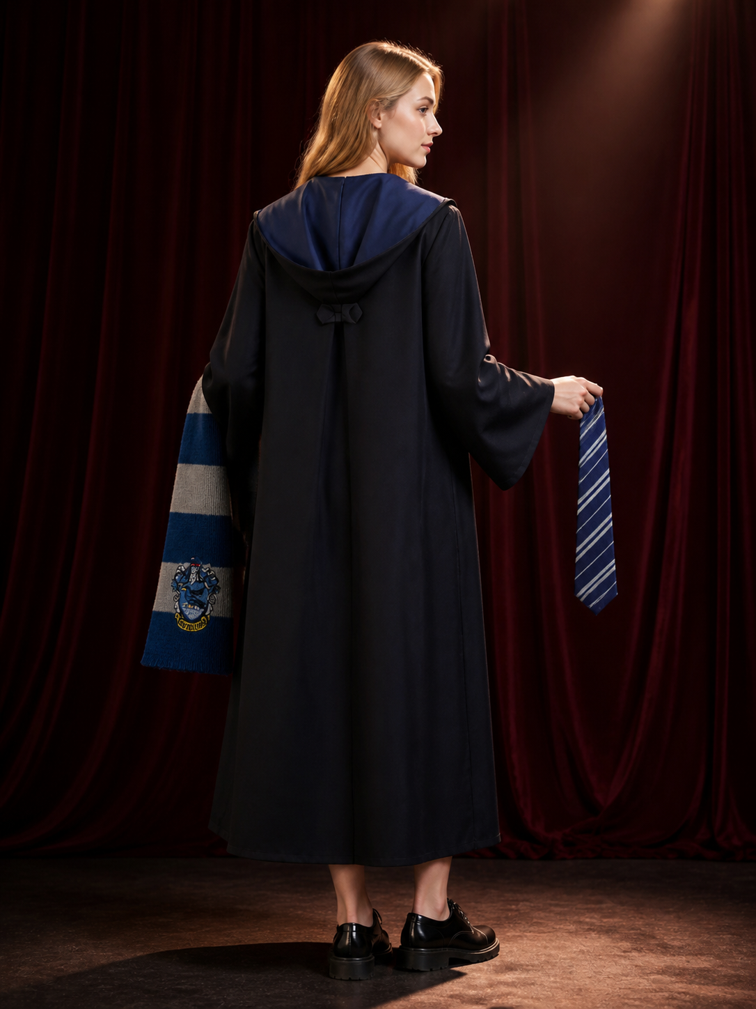 Wizard Robe Costume Set with House Crest, Striped Scarf and Tie for Halloween back view
