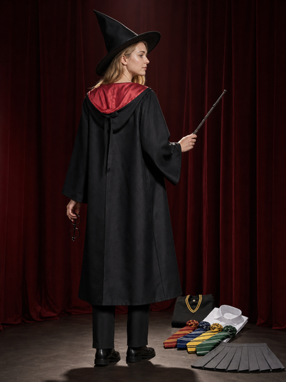 Unisex Wizard Costume Set for Kids and Adults, Hooded Robe with Crest, Striped back view