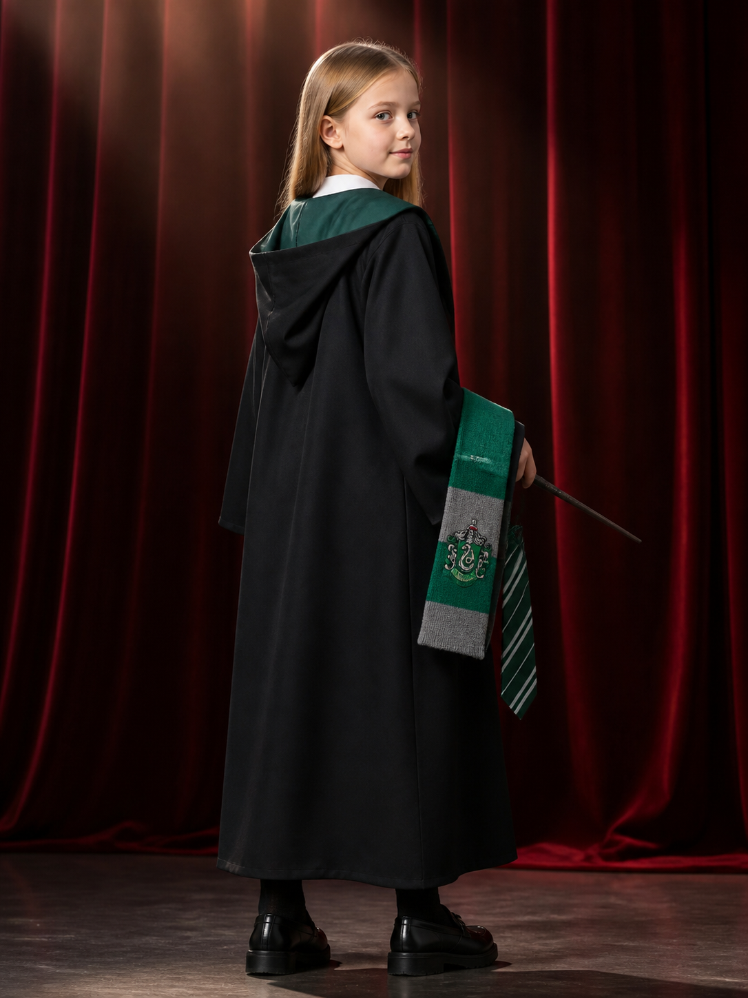 Slytherin Hooded Wizard Robe Costume Set with Tie and Scarf for Halloween back view