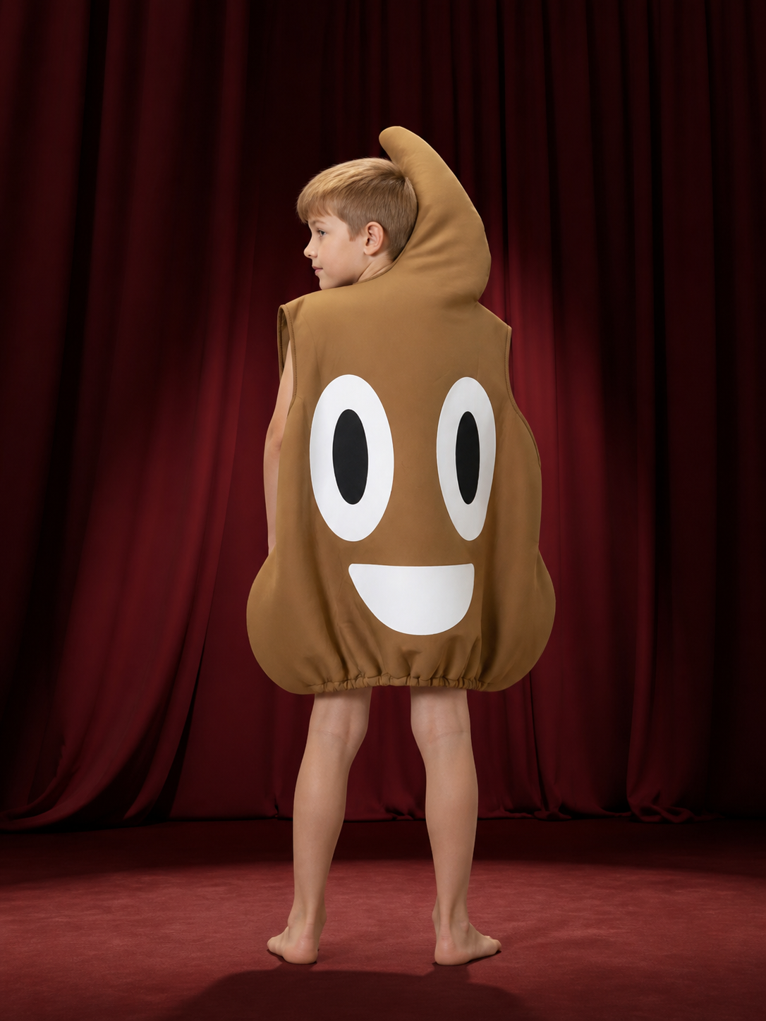 Funny Brown Poop Character One-Piece Costume with Cartoon Face Design back view