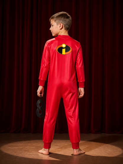 Kids' Superhero Jumpsuit Costume with Eye Mask - Red Unitard for Halloween back view