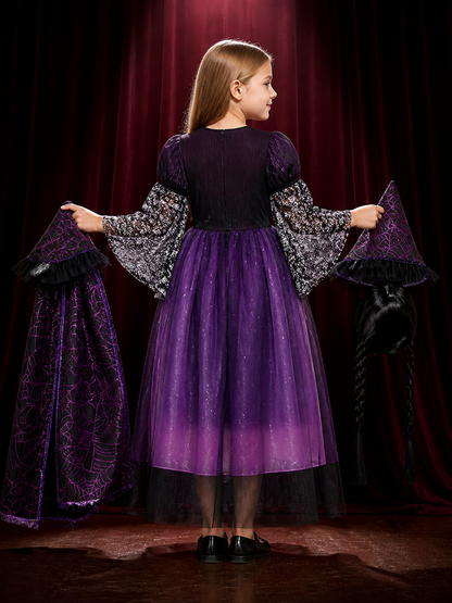 Girls Gothic Witch Vampire Costume Set - Black Purple Lace Tulle Dress with back view