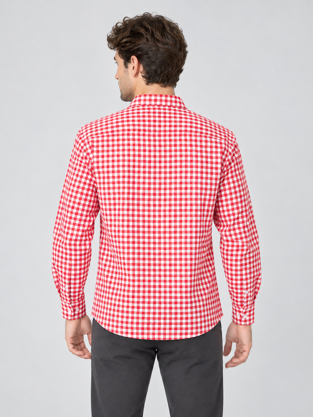 Red plaid shirt, long sleeves, polyester, cotton