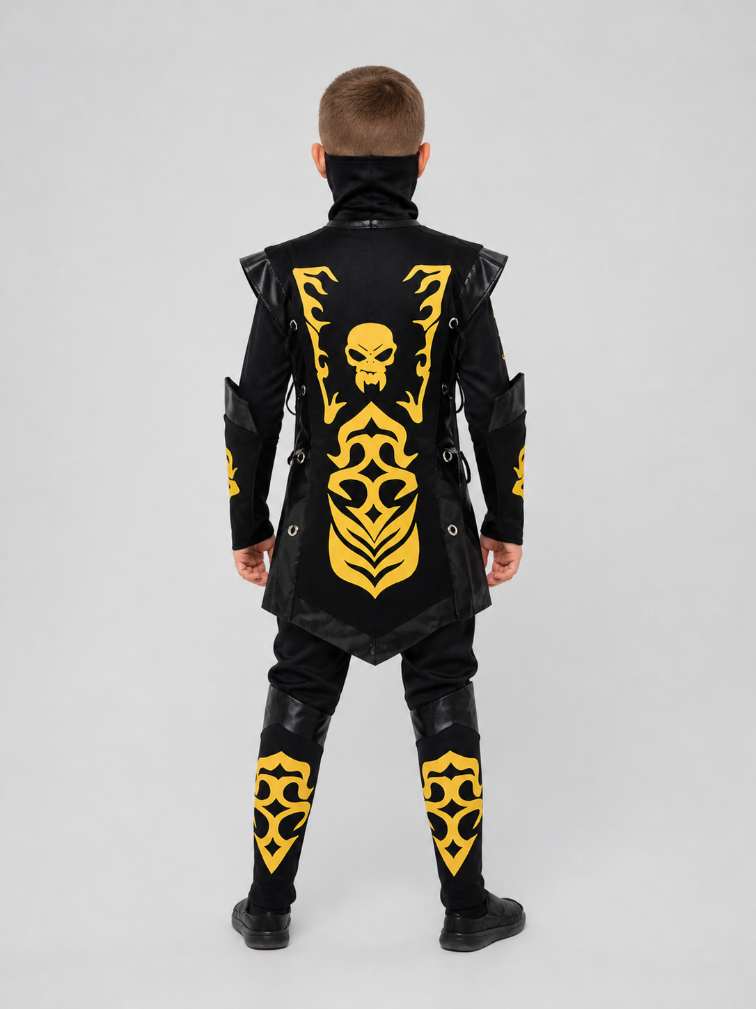 Black-and-Gold Ninja Costume with Mask and Gold Skull back view