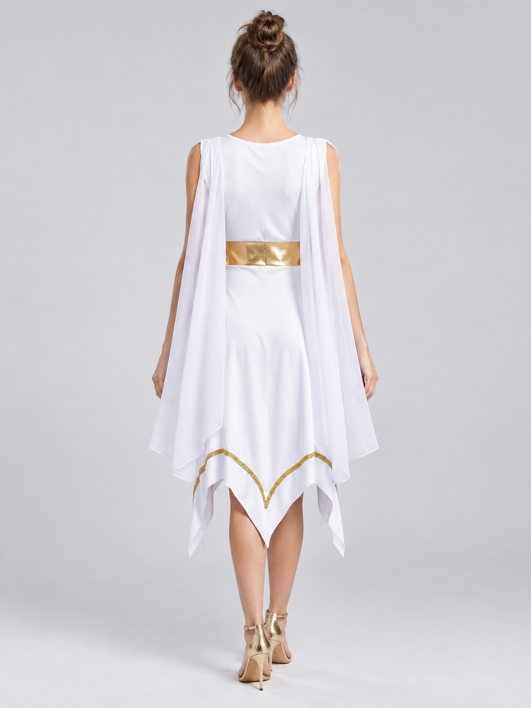 White Dress with Gold Trim and Asymmetrical Hem