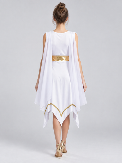 White Dress with Gold Trim and Asymmetrical Hem
