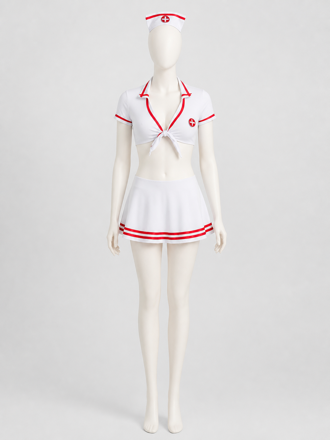 Nurse Costume: White Uniform, Skirt, Red Trim back view