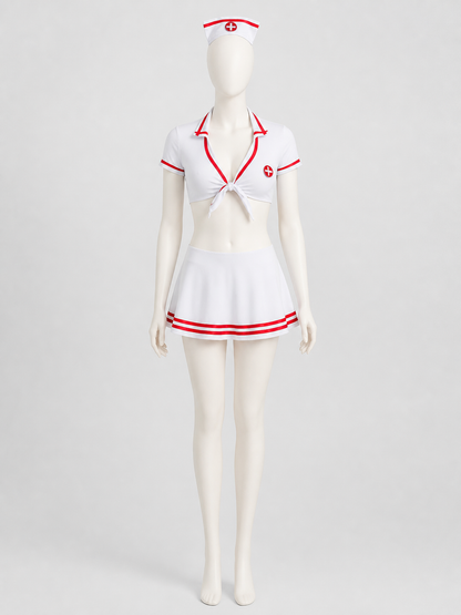 Nurse Costume: White Uniform, Skirt, Red Trim back view