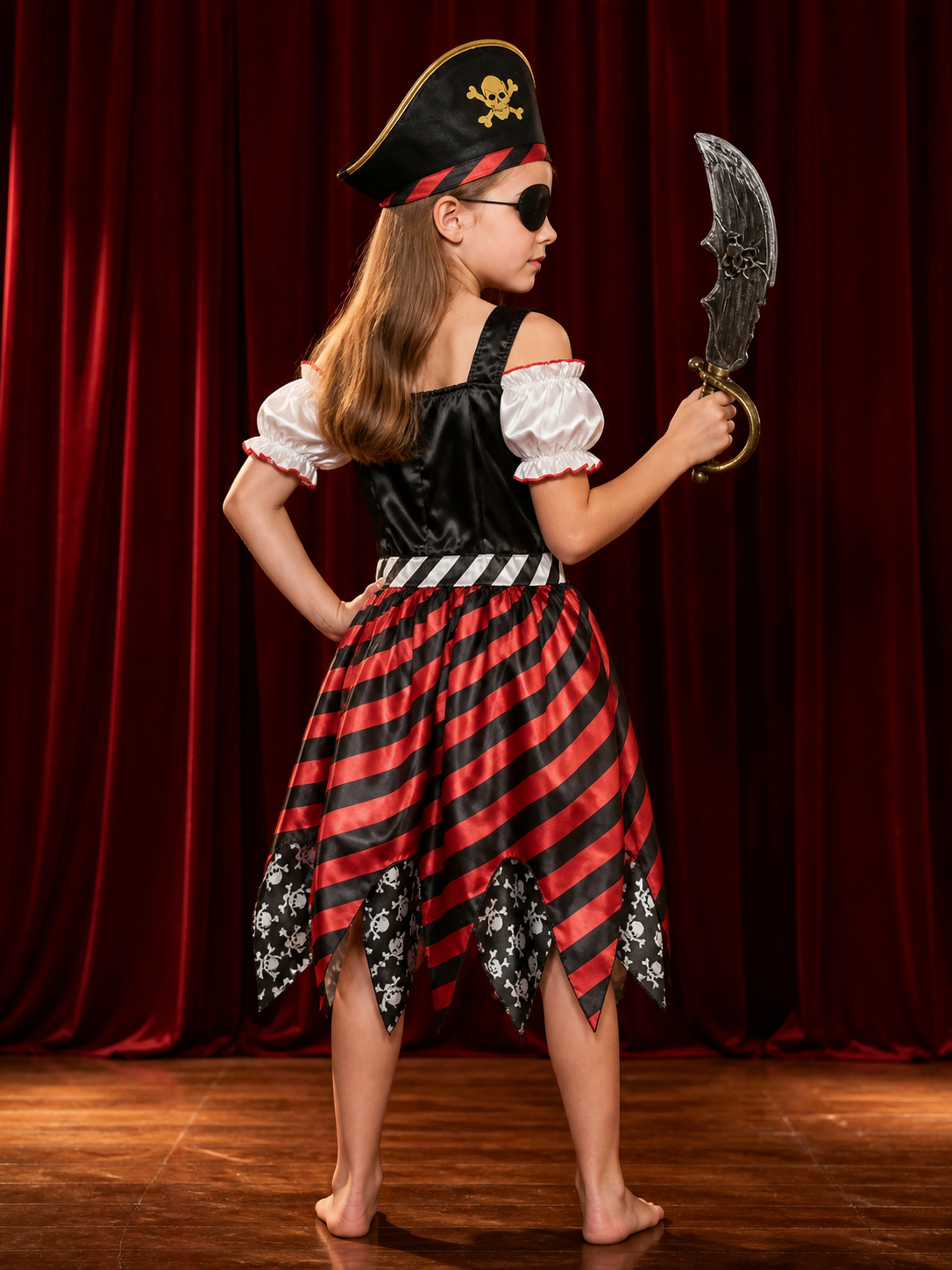 Kids Pirate Costume Dress Set with Hat, Eyepatch & Toy Sword for Halloween Role back view