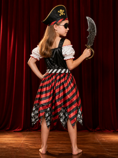 Kids Pirate Costume Dress Set with Hat, Eyepatch & Toy Sword for Halloween Role back view