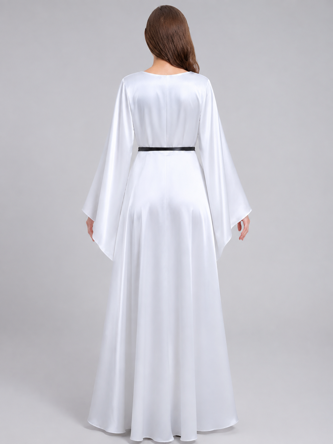 Floor-Length White Dress with Black Ribbon and Wide Sleeves back view