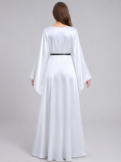 Floor-Length White Dress with Black Ribbon and Wide Sleeves back view