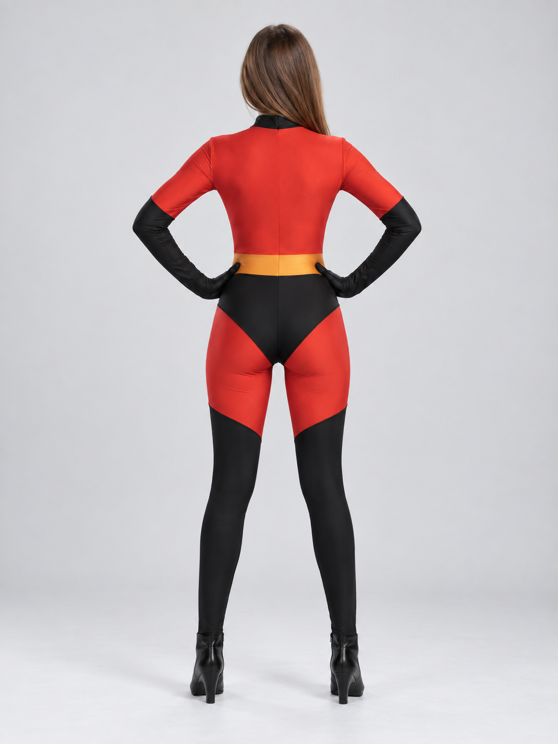 Red and black superhero costume with mask and yellow belt