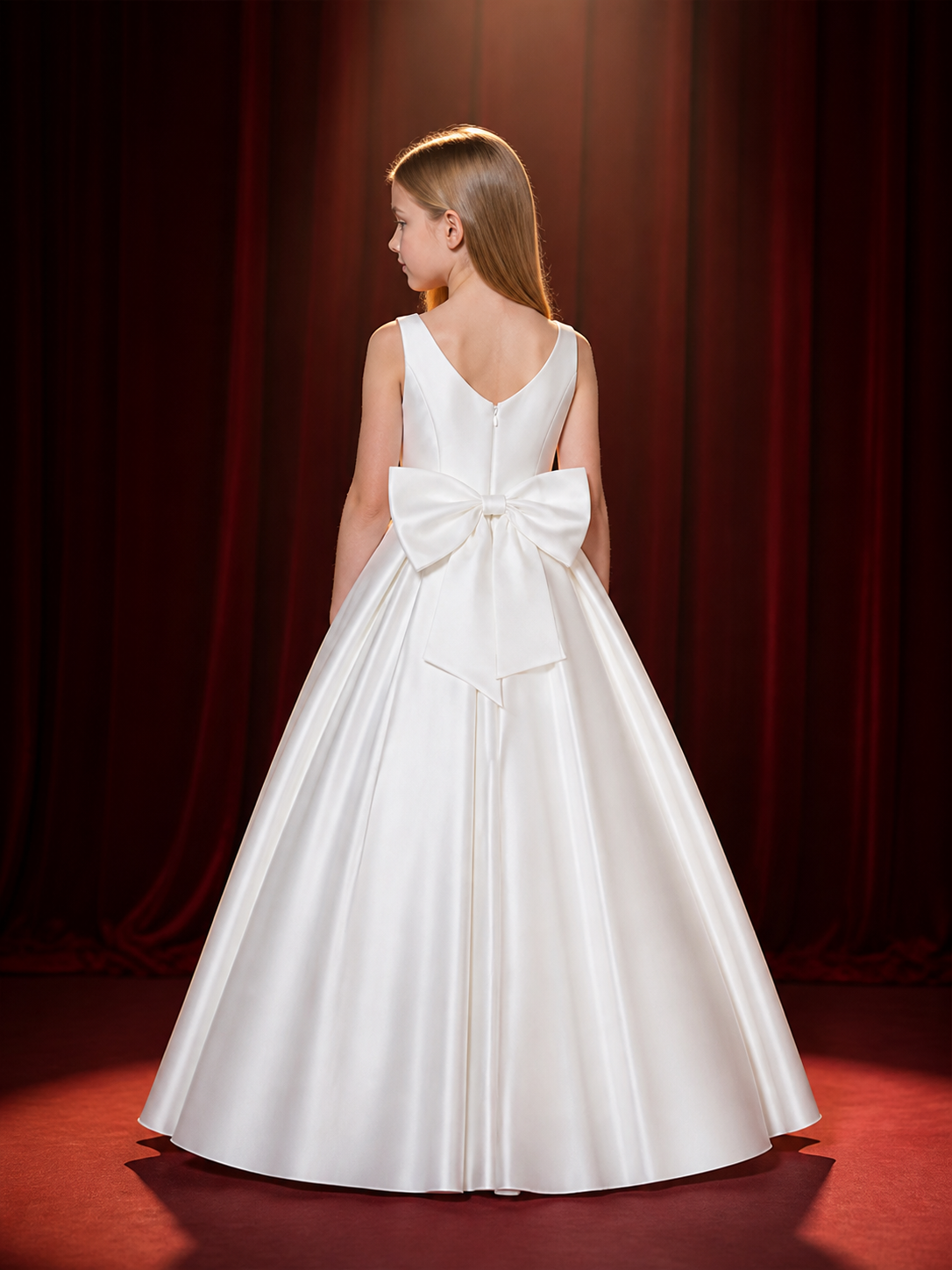 Girls' White Satin Princess Dress, Sleeveless A-Line Long Formal Gown back view