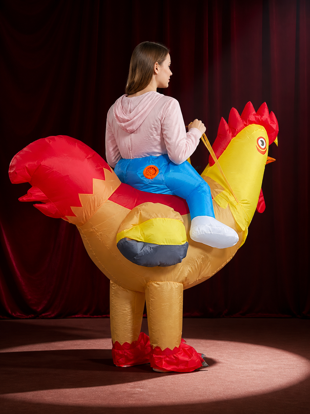 Colorful Rooster Inflatable Costume, Chicken Blow Up Suit, Halloween Animal back view