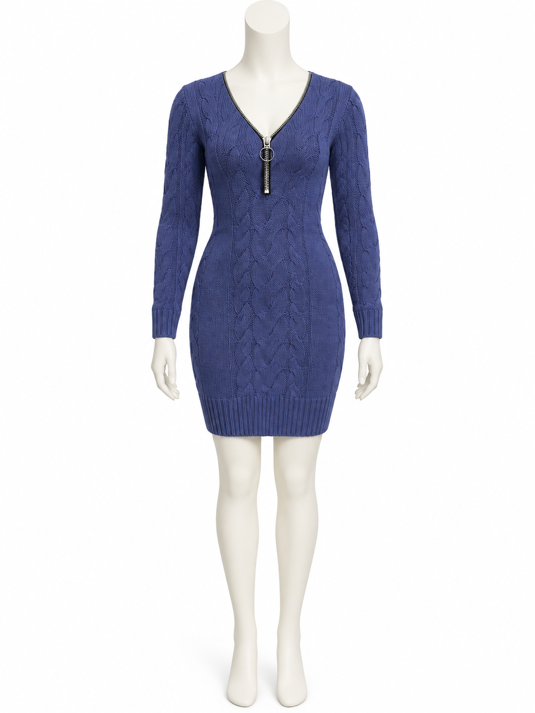 Blue chunky-knit sweater dress with zipper