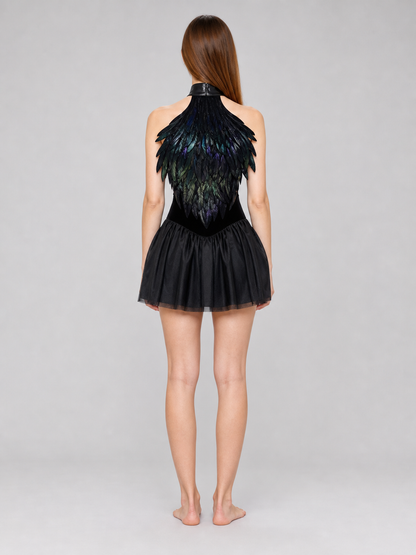 Black halter top with a feather-like texture and no embellishment
