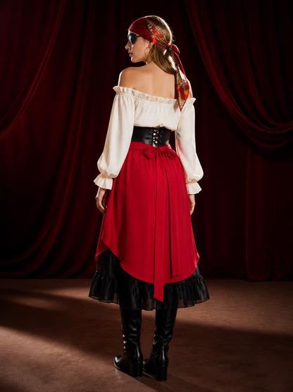 Women's Pirate Halloween Costume Set With Off-Shoulder Top And Asymmetric Red back view