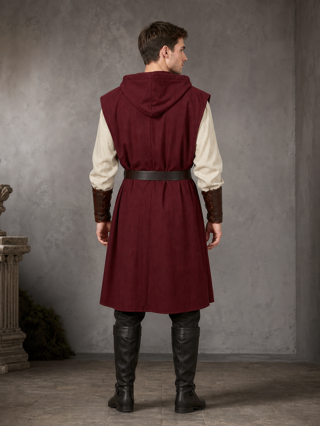 Adult Medieval Fantasy Hooded Cape, Wine Red Sleeveless Long Split-Hem Cloak