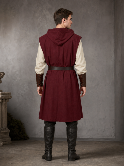 Adult Medieval Fantasy Hooded Cape, Wine Red Sleeveless Long Split-Hem Cloak