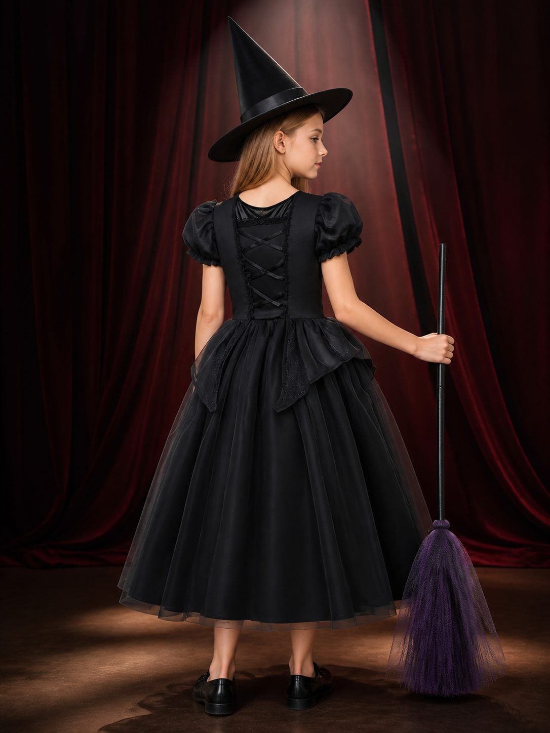 Kids Witch Costume Dress with Hat, Black & Purple Tutu Princess Halloween Outfit back view