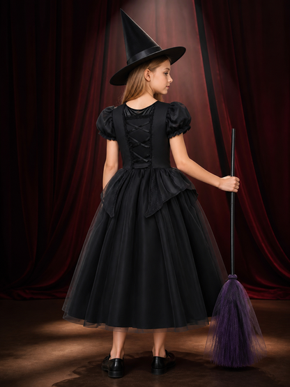 Kids Witch Costume Dress with Hat, Black & Purple Tutu Princess Halloween Outfit back view