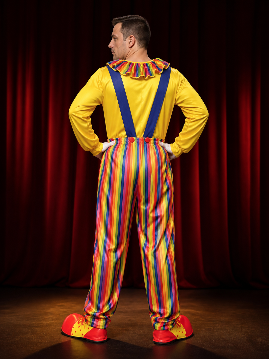 Adult Clown Jumpsuit Costume, Colorful Stripes, Suspender Style Halloween Party back view