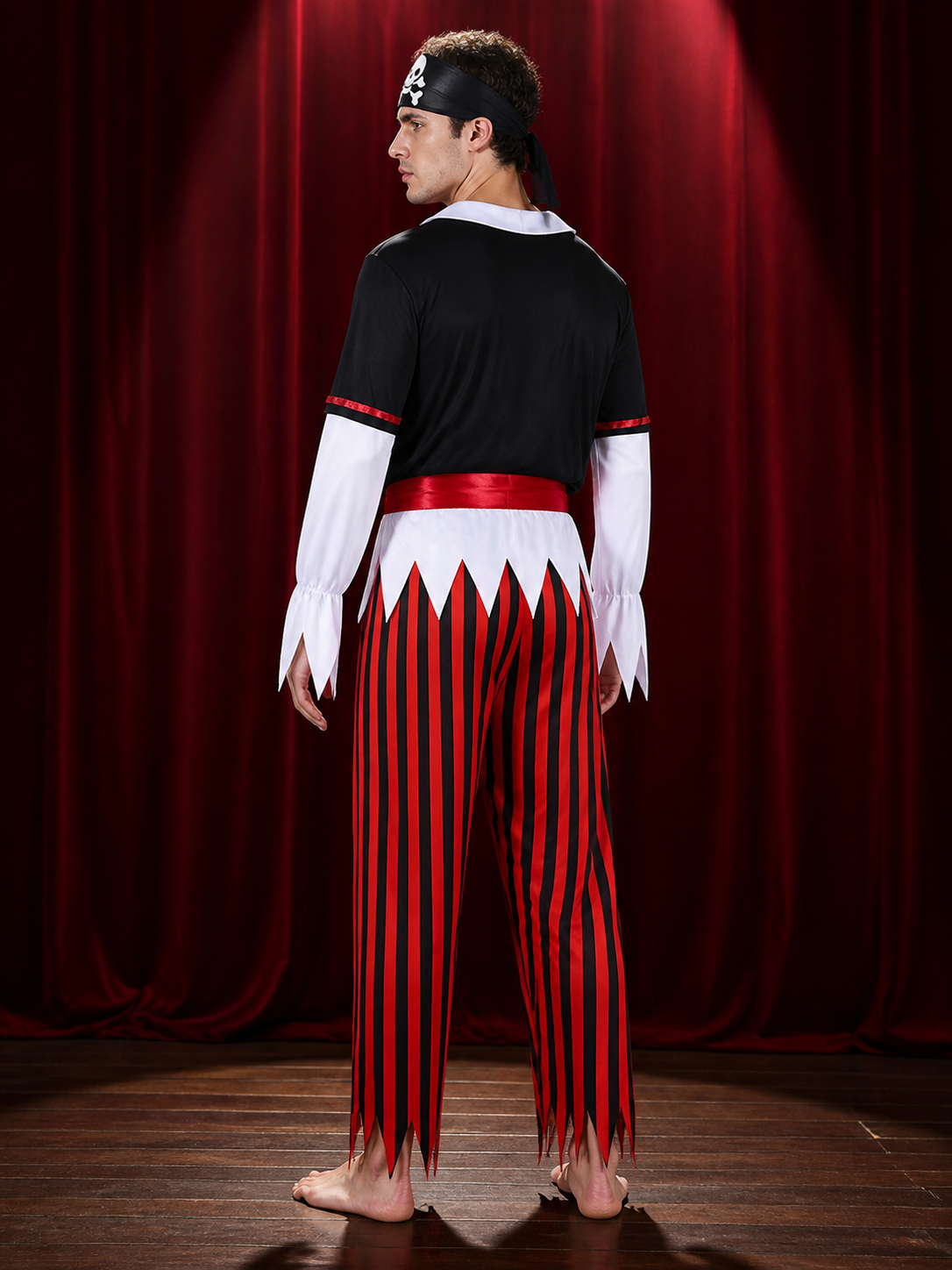 Unisex Pirate Captain Costume Set, Black Red Striped Outfit with Skull Print