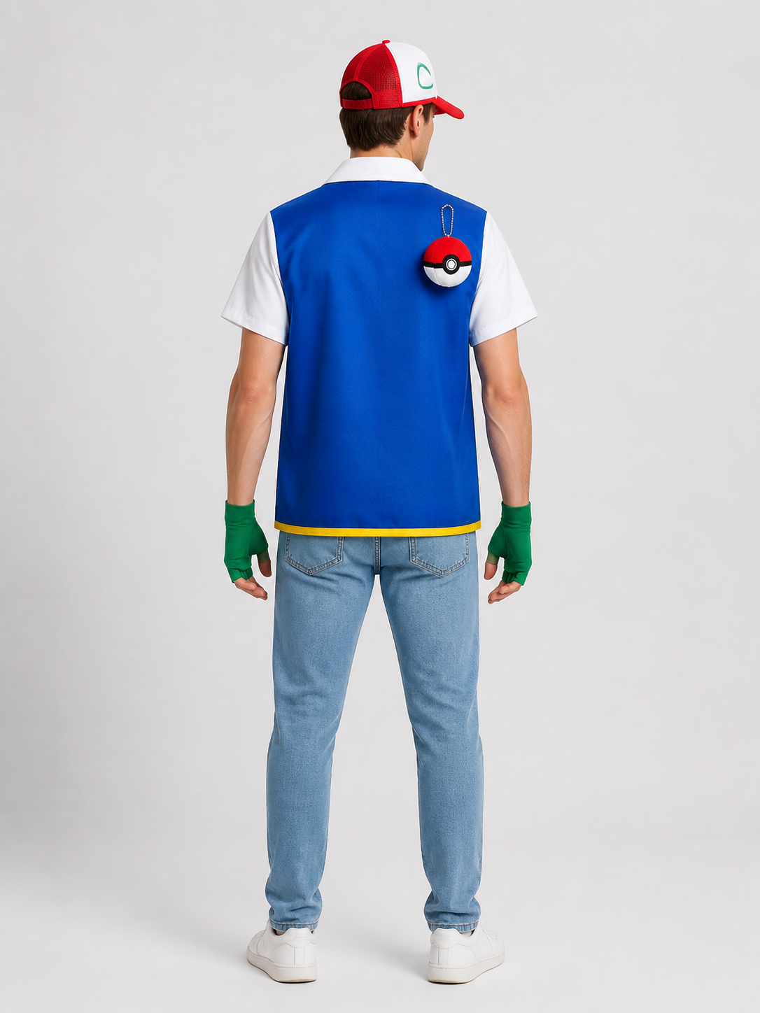 Ash from Pokémon Cosplay Costume with Cap and Accessories back view