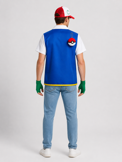 Ash from Pokémon Cosplay Costume with Cap and Accessories back view