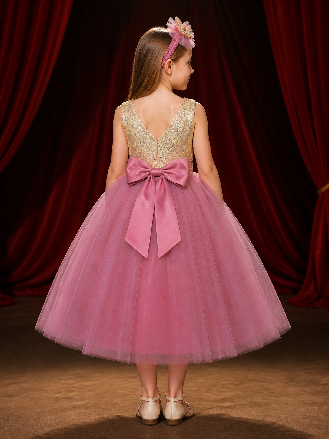 Girls' Sequin Princess Tulle Flower Girl Dress, Sleeveless A-Line Full Skirt back view
