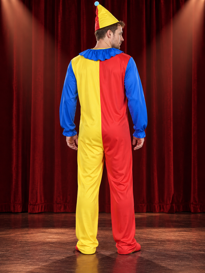 Clown Costume: Red and Yellow Jumpsuit, Cone Hat