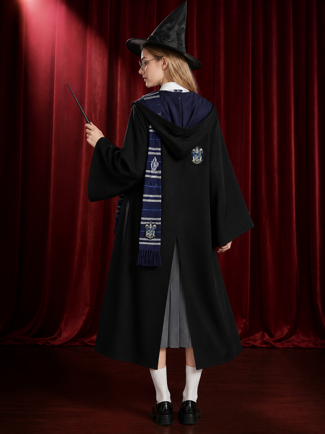 Women's Wizard Robe Costume Set, Academy-Style 8-Piece Cosplay Outfit With Hat back view