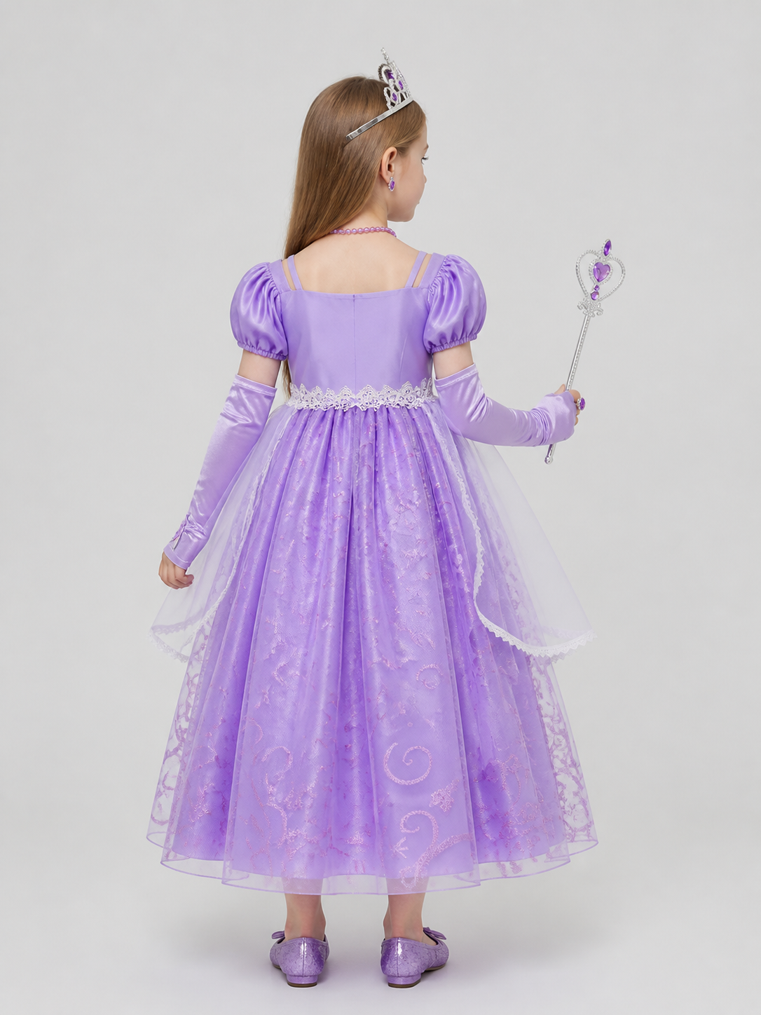 Princess dress with corset, crown, and magic wand back view