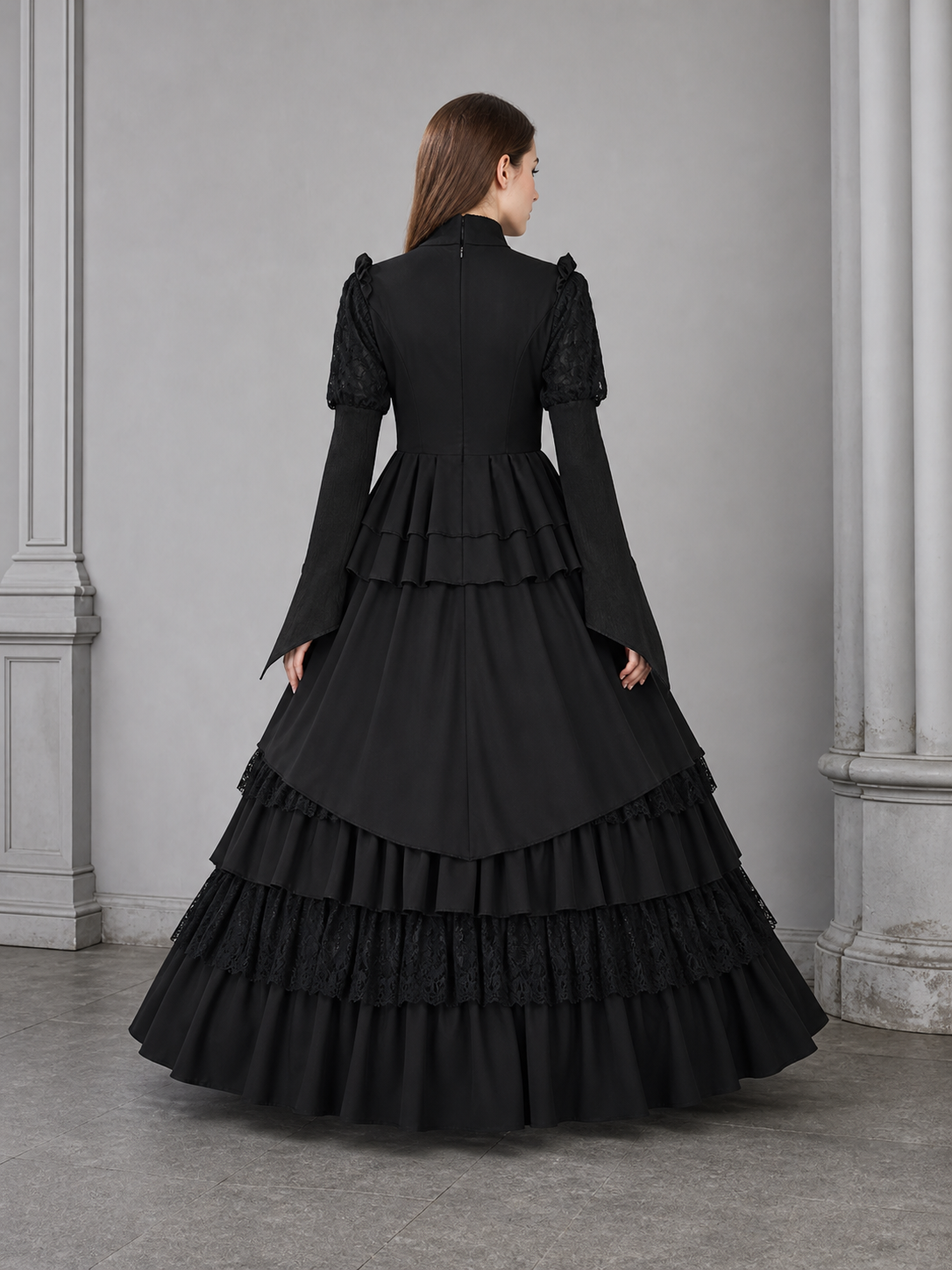 Gothic Dress with a High Collar and Ruffles