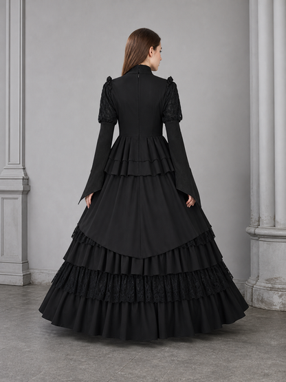 Gothic Dress with a High Collar and Ruffles