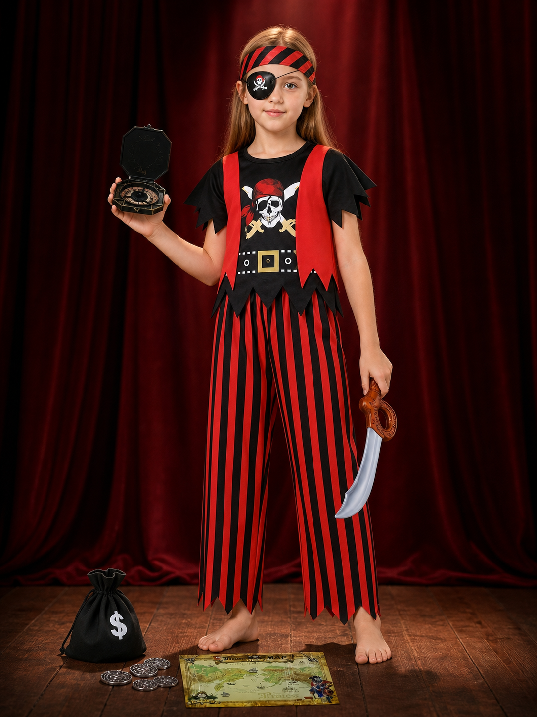 Kids Pirate Costume Set with Skeleton Print, Eye Patch & Halloween Accessories back view