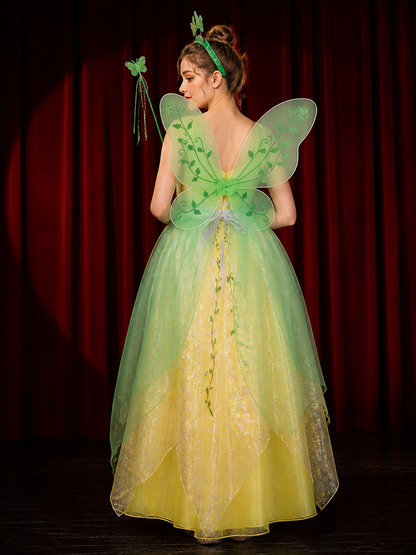 Girl's Fairy Princess Costume Set with Green Dress, Butterfly Wings, Hairband & back view
